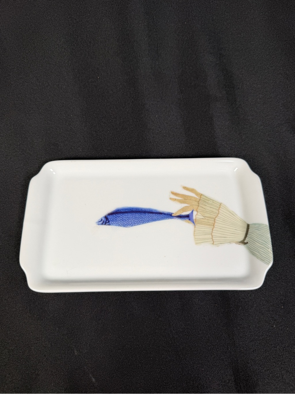 White Porcelain Serving Tray with Blue Fish Accent